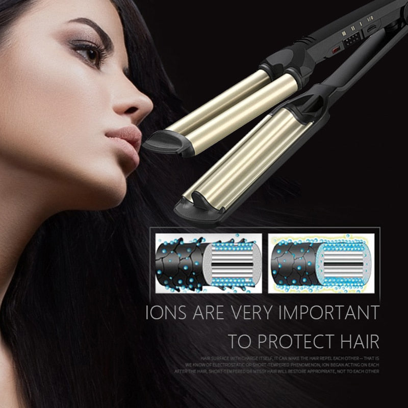 KEMEI Professional Hair Curler With 3 Barrels Big Wave Curling Iron Ceramic Hair Styling Tool