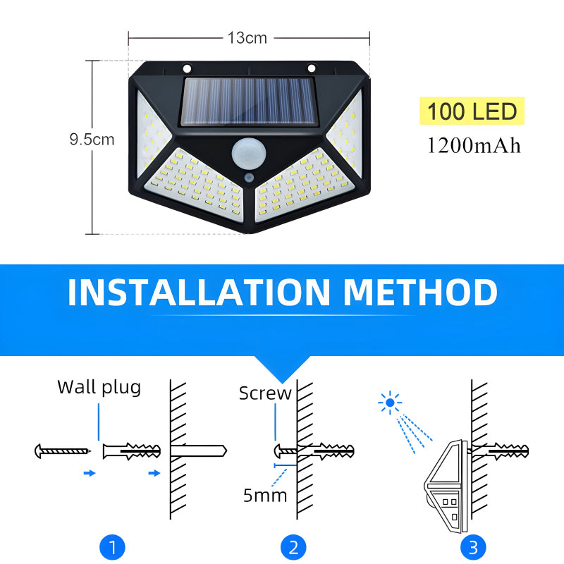 100 LEDs Rechargeable Motion Sensor Solar Interaction Waterproof Wall Lamp