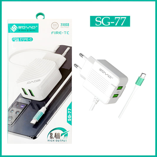 SOVO SG-77 FIRE-TC 2.4A High Quality Type-C Charger With Dual USB Output