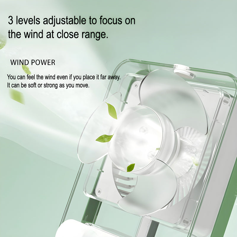 Rechargeable Transparent Fan with 3-Speed Wind, Night Light, Nano Spray Tech, Adjustable Grid