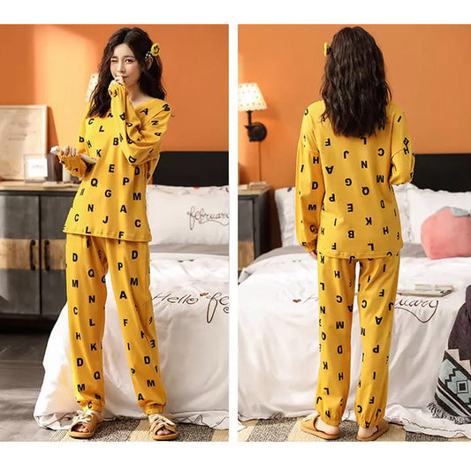 Casual Soft Cotton Pirnted Night Suit Set Loungewear For Ladies