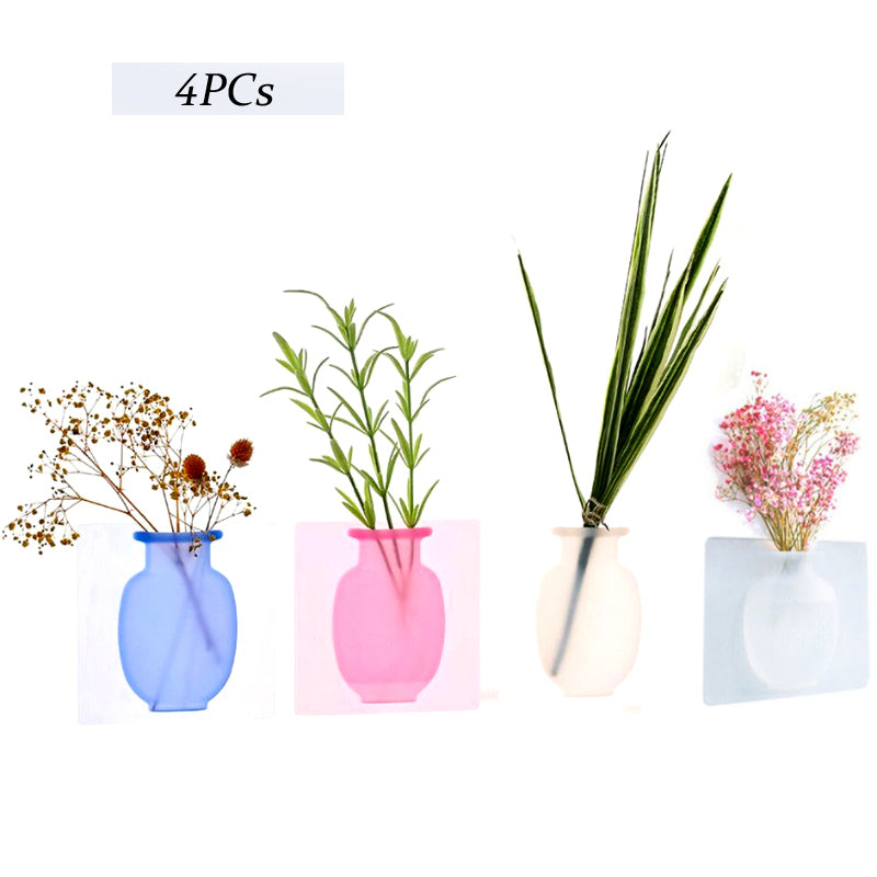 4 PCs Sticky Vase Wall Mounted Plant Holder Decorative Flower Display Vase Wall Decor