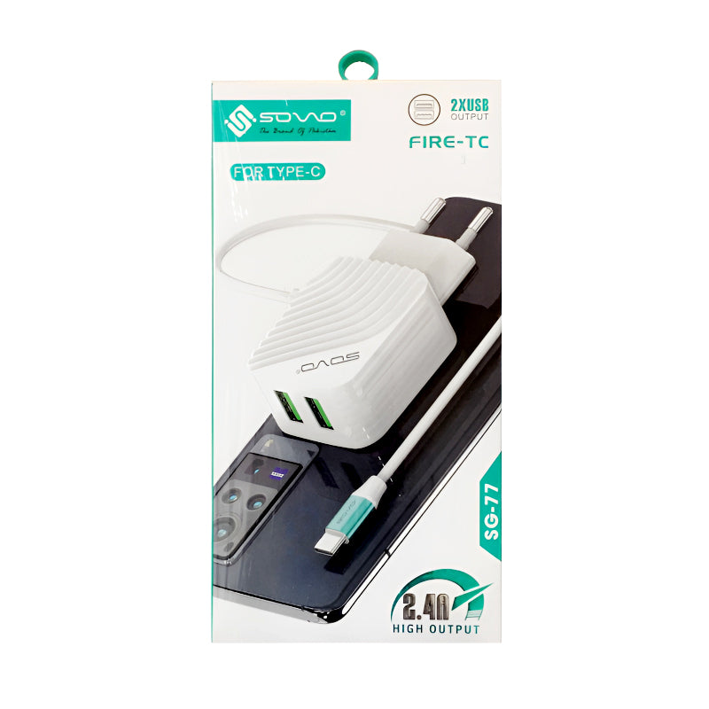 SOVO SG-77 FIRE-TC 2.4A High Quality Type-C Charger With Dual USB Output