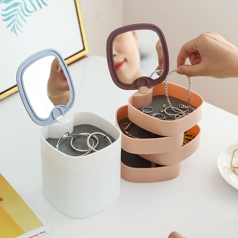 Portable Jewelry Organizer With Mirror Rotating Jewelry Storage Box